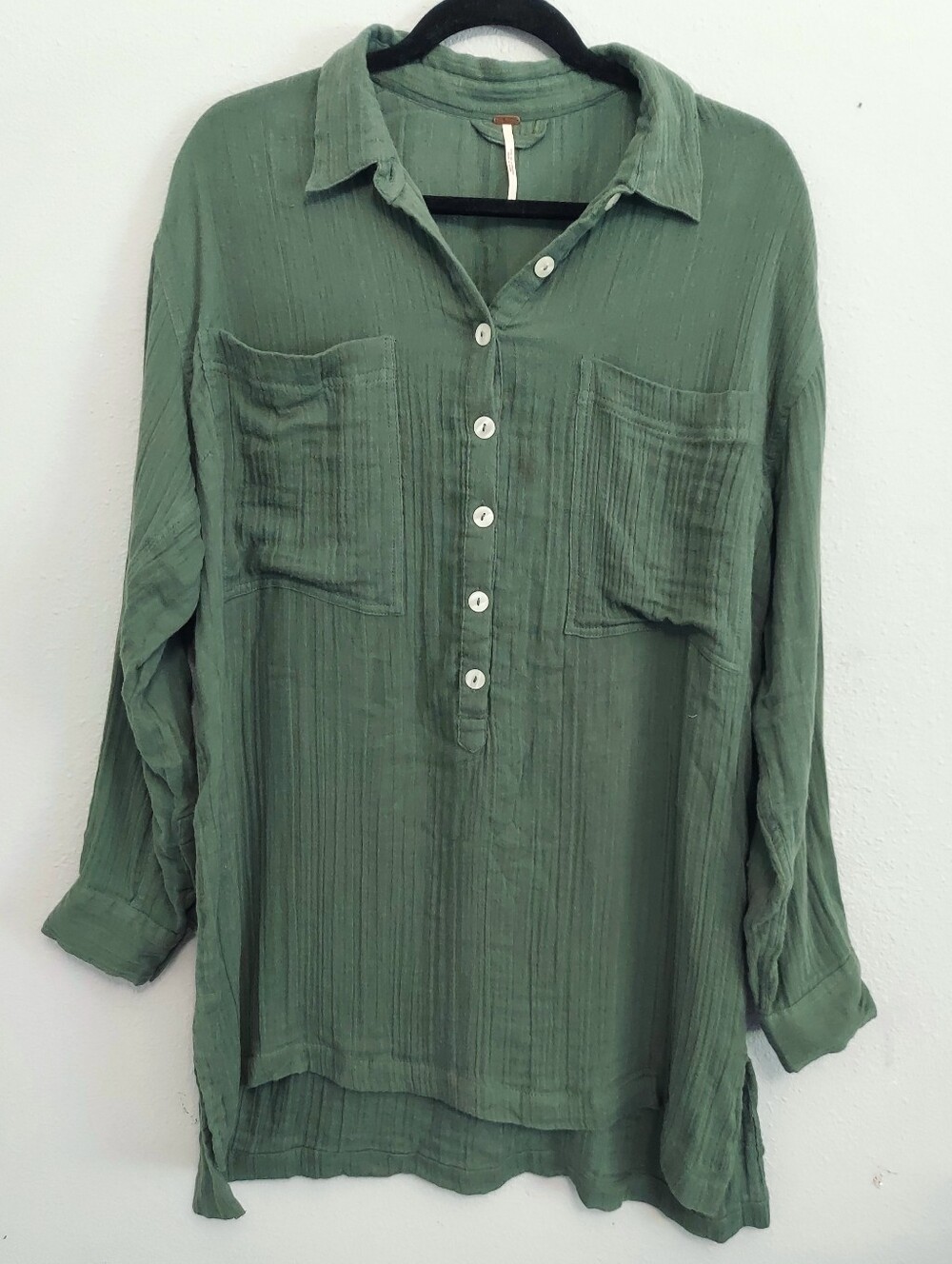 Free People Golden Light Long Tunic Henley Top Endless Forest Green Small Boho